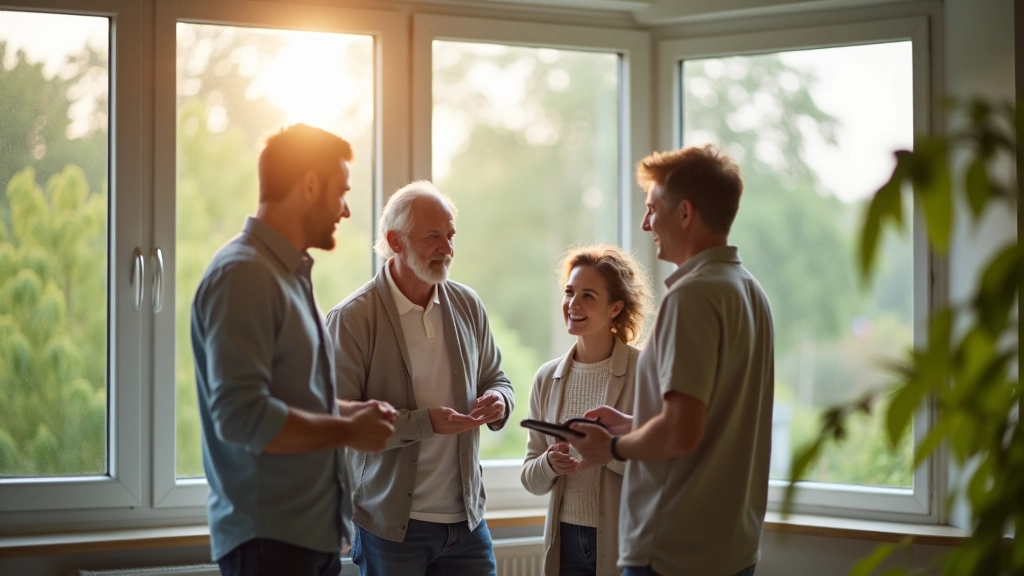 Familie bei der Hausrenovierung mit modernen energieeffizienten Fensterinstallationen