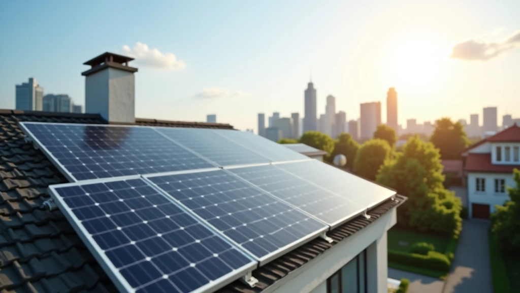 Solaranlage auf Dach mit Stadt im Hintergrund